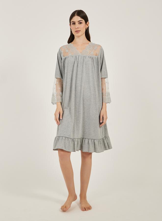 Styli Solid Ruffled Hem Nightdress with Lace Insert - Image 1