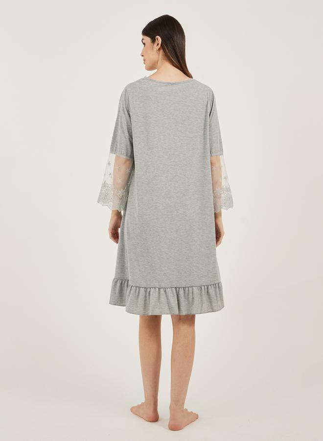 Styli Solid Ruffled Hem Nightdress with Lace Insert - Image 4