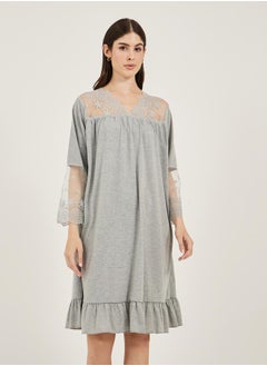Styli Solid Ruffled Hem Nightdress with Lace Insert  - Image 2