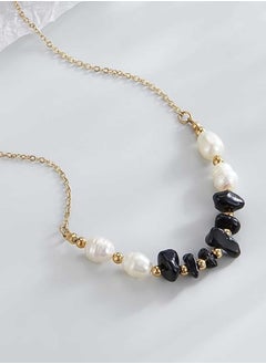 KAAF CREATIONS 18k Gold Plated stainles steel Necklace, Pearl and Onyx Beaded Necklace, 46 cm + 5 cm Extension  - Image 2