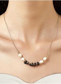 KAAF CREATIONS 18k Gold Plated stainles steel Necklace, Pearl and Onyx Beaded Necklace, 46 cm + 5 cm Extension  - Image 3