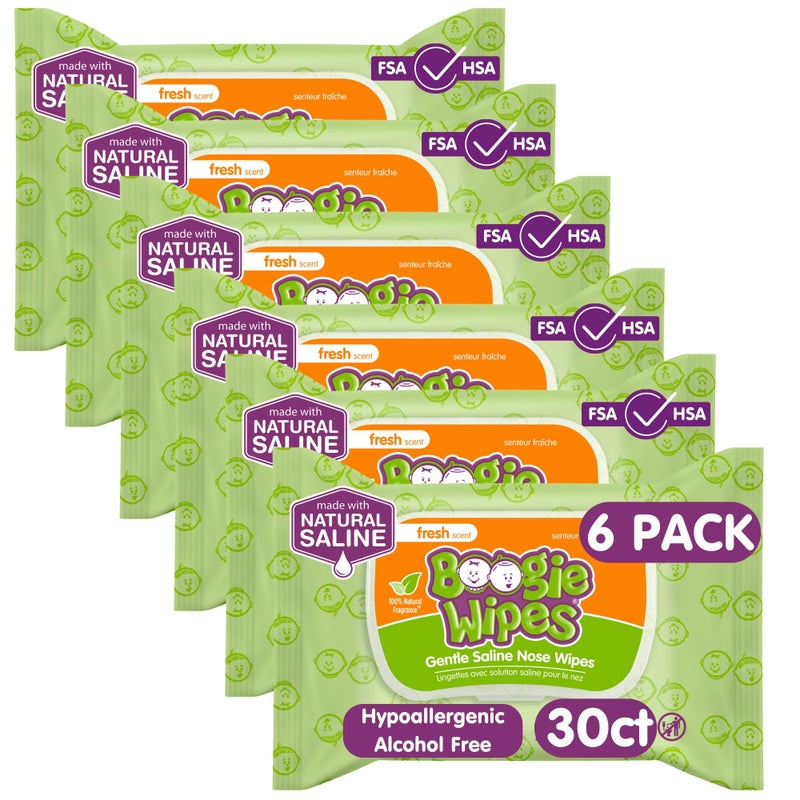 Boogie Saline Nose Wipes by Boogie for Baby Kids Face Hand Body FSAHSA Eligible Made with Vitamin E Aloe and Natural Saline Fresh Scent 30 Count Pack of 6