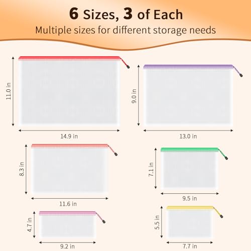 Umriox Zipper Mesh Document Pouch, 6 Assorted Size (6 Colors, 18 Packs), Clear Zipper Pouches, Waterproof Zipper Pouches for Craft Projects Office Supplies Cosmetics Travel Storage - Image 2