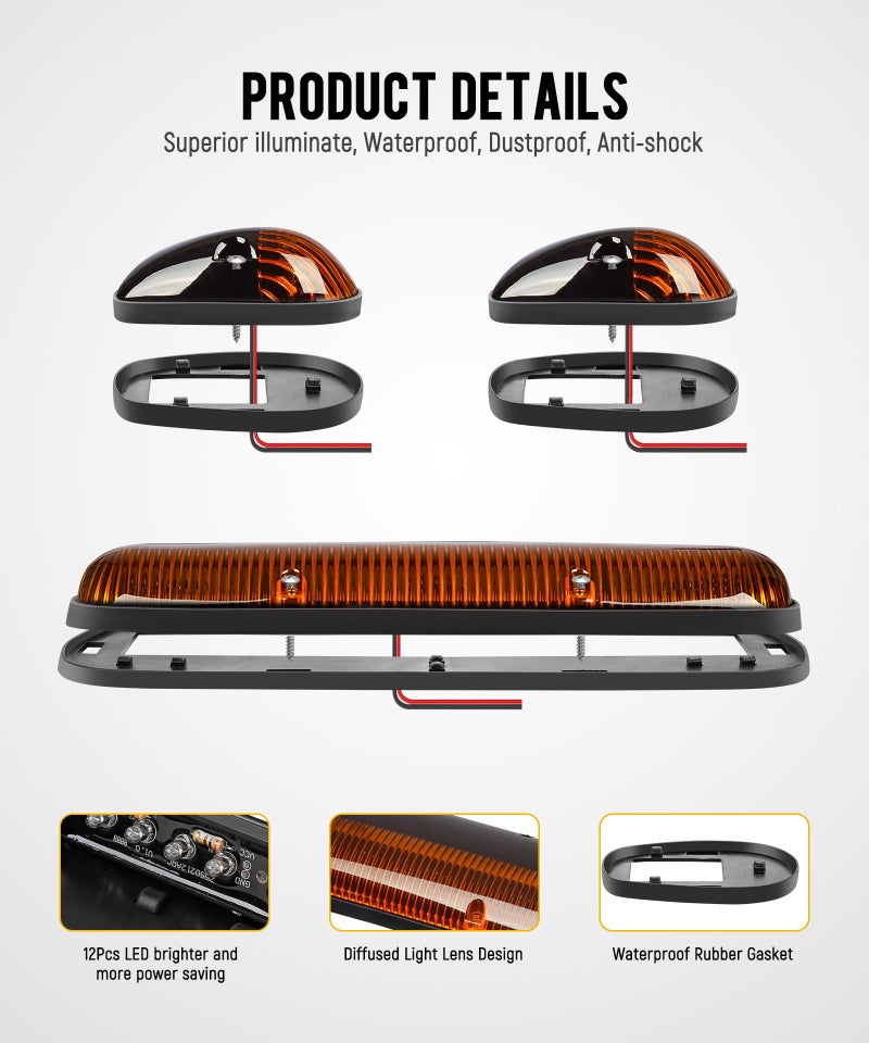 Partsam 3PCS Amber LED Cab Roof Marker Light Top Running Lights w/Wiring Compatible with Silverado/Sierra 1500 1500HD 2500 2500HD 3500 2002 2003 2004 2005 2006 2007 Pickup Trucks - Image 2