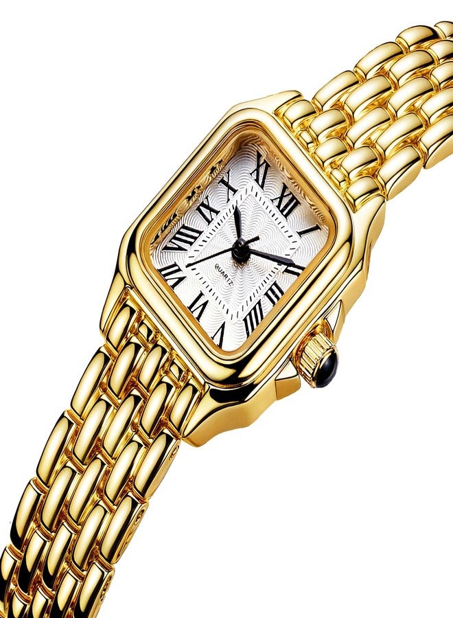 BESTKANG Watches for Women Vintage Square Classic Luxury Watch with Roman Numerals Quartz Movement Gold Silver Two-Tone Stainless Steel Band Elegant Dress Women's Wrist Watch, Gold White, Fashion - Image 2
