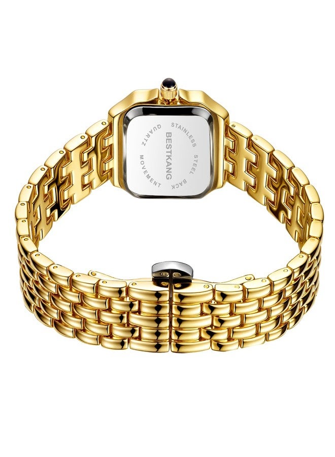 BESTKANG Watches for Women Vintage Square Classic Luxury Watch with Roman Numerals Quartz Movement Gold Silver Two-Tone Stainless Steel Band Elegant Dress Women's Wrist Watch, Gold White, Fashion - Image 3