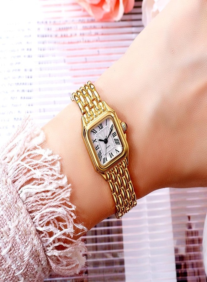 BESTKANG Watches for Women Vintage Square Classic Luxury Watch with Roman Numerals Quartz Movement Gold Silver Two-Tone Stainless Steel Band Elegant Dress Women's Wrist Watch, Gold White, Fashion - Image 5