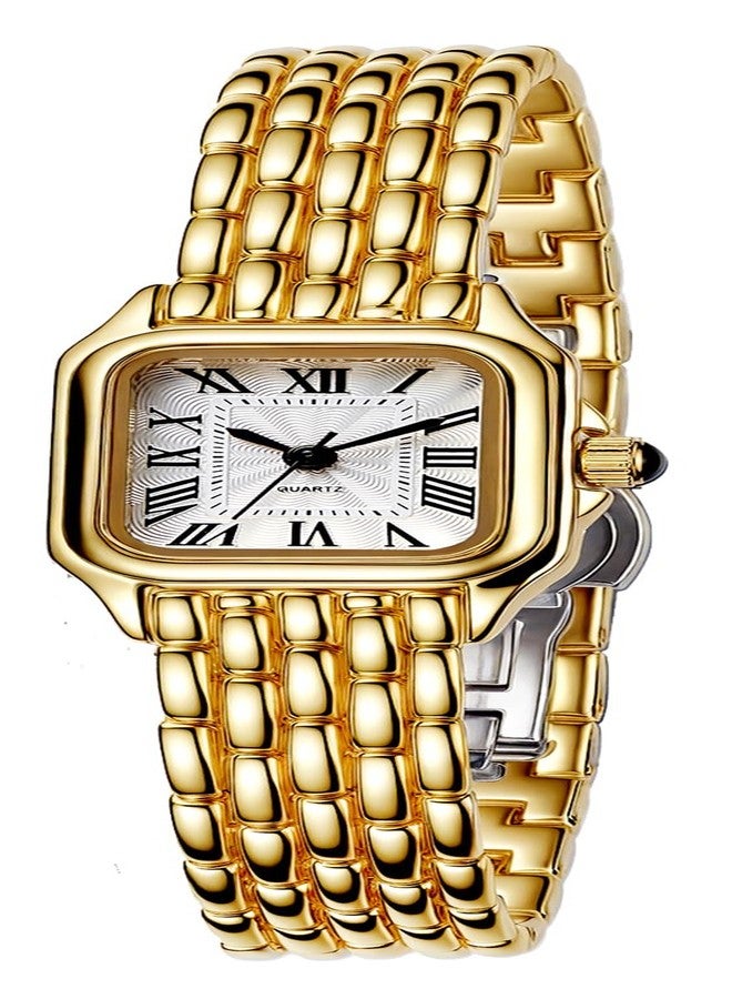 BESTKANG Watches for Women Vintage Square Classic Luxury Watch with Roman Numerals Quartz Movement Gold Silver Two-Tone Stainless Steel Band Elegant Dress Women's Wrist Watch, Gold White, Fashion - Image 1