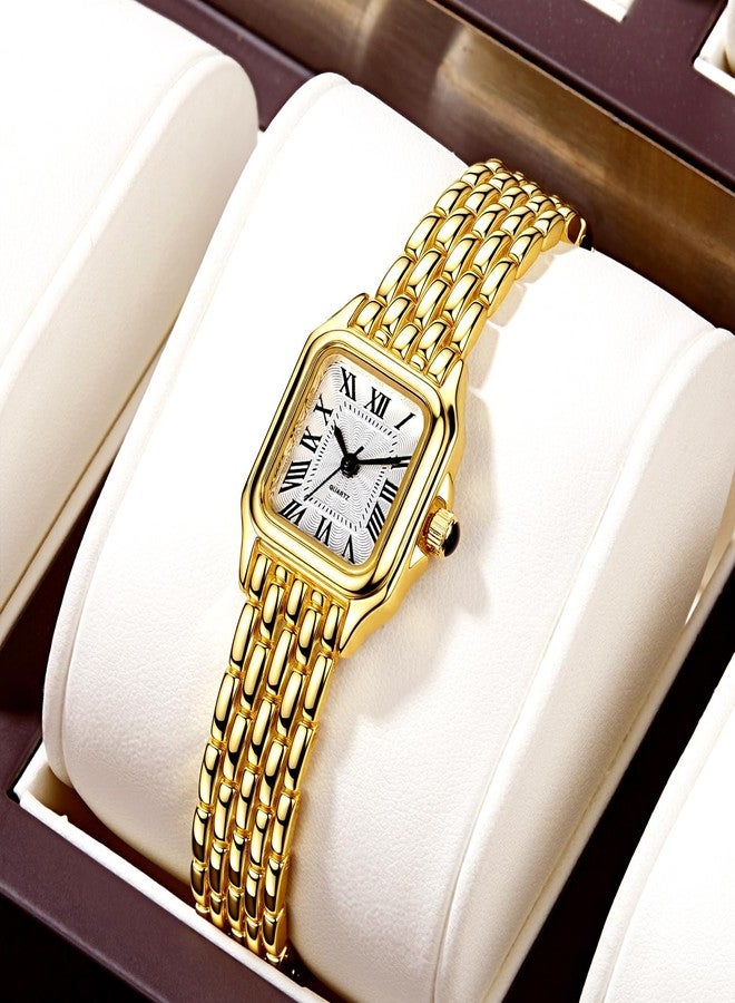 BESTKANG Watches for Women Vintage Square Classic Luxury Watch with Roman Numerals Quartz Movement Gold Silver Two-Tone Stainless Steel Band Elegant Dress Women's Wrist Watch, Gold White, Fashion - Image 4