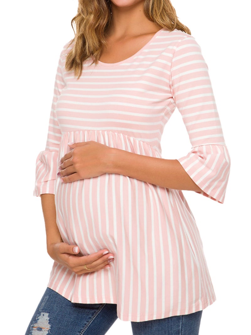 Ecavus Womens Casual Maternity Tops Striped Peplum 3/4 Ruffle Sleeve Shirt Ultra Soft Pregnancy Clothing - Image 1