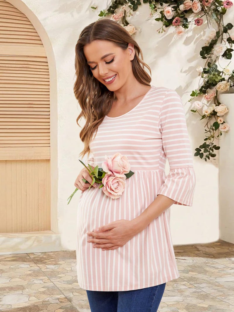 Ecavus Womens Casual Maternity Tops Striped Peplum 3/4 Ruffle Sleeve Shirt Ultra Soft Pregnancy Clothing - Image 2