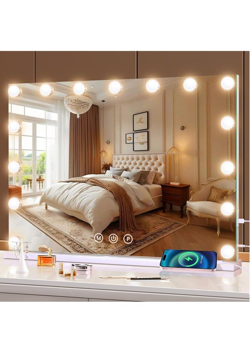 Joyelink Vanity Mirror with Lights Lighted Makeup Mirror with Dimmable LED Bulbs,3 Color Lighting Modes,USB Charging Port Touch Control,Sturdy Metal Frame Design,White (19.7"L x 16.6"W) - Image 1
