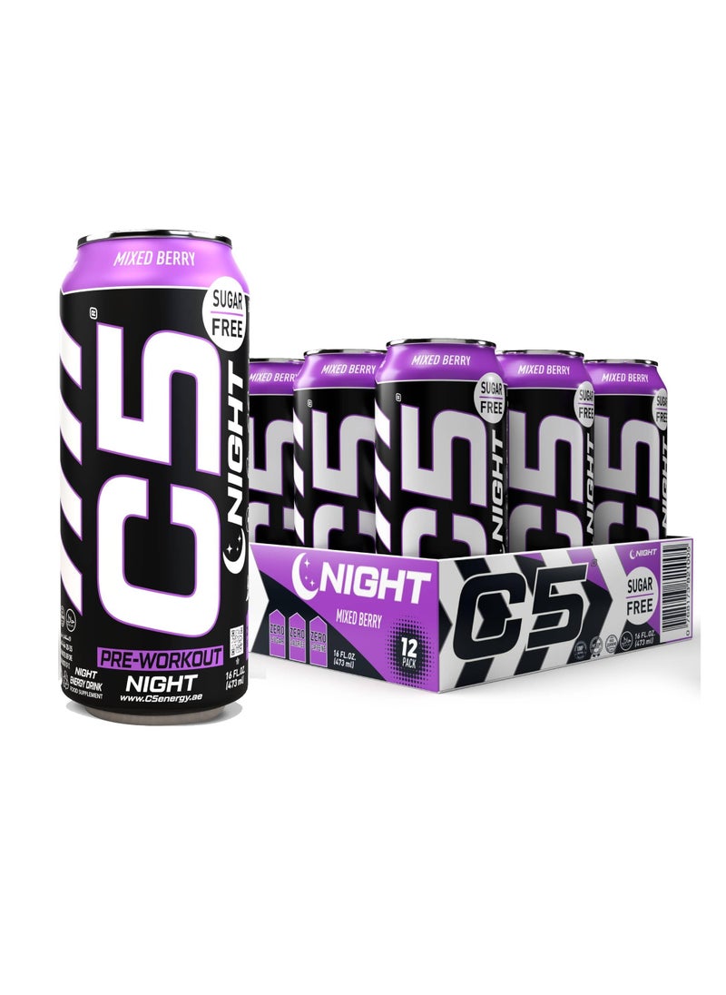 C5 C5 Energy Drink Night Mixed Berry, Pre Workout, Zero Caffeine, Sugar Free, Zero Calories with Beta Alanine, L-Arginine 16fl.OZ, 473ml Caffeine Free Preworkout Pack of 12  - Image 1
