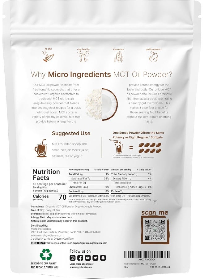 Micro Ingredients مسحوق زيت MCT العضوي من مايكرو إينغريدينتس، 1 رطل (454 جرام) - Image 2