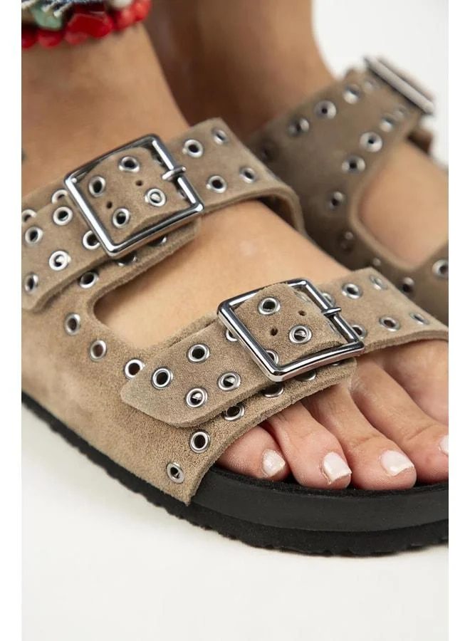 Manijero  Sasha Women's Genuine Leather Double Buckle Mink Slippers - Brown for Women | Best Price UAE