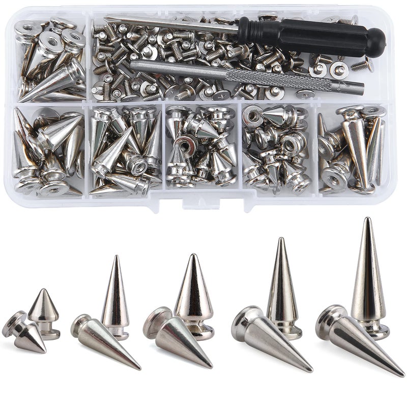 YORANYO 70 Sets Mixed Shape Spikes and Studs Assorted Sizes for Clothing Silver Color Screw Back Bullet Tree Rivet for Leather Craft Shoes Belts Bags Dog Collars