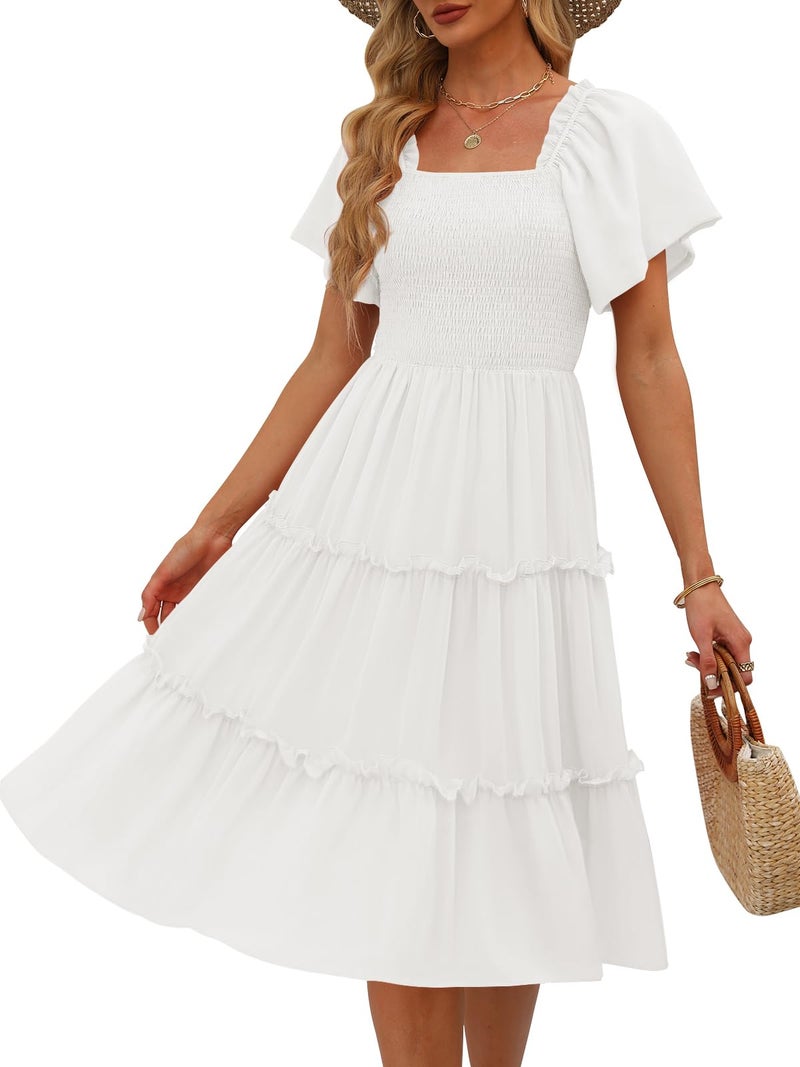 LILLUSORY Spring Midi Graduation Bridal Baby Shower Dresses Women 2024 Summer Casual Flowy Bridal Sun Sundress Trendy Brunch Cute Ladies Vacation Smocked Teacher Clothes Outfits White - Image 1