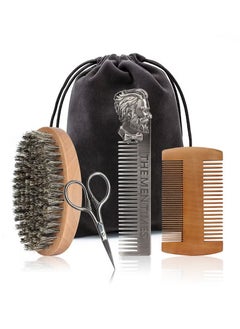XiuWoo 4 Piece Soft Mane Bristle Beard Brush And Comb Set, Professional Stainless Steel Beard Scissors Grate Comb with Velvet Travel Pouch  - Image 1