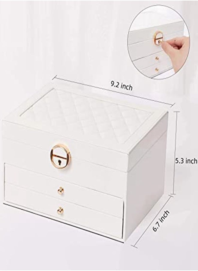 URbazaar Jewelry Box for Women Girl Wife Large PU Leather Jewelry Organizer Storage Case with Three Layers Display for Earrings Bracelets Rings Watches (White)  - Image 4