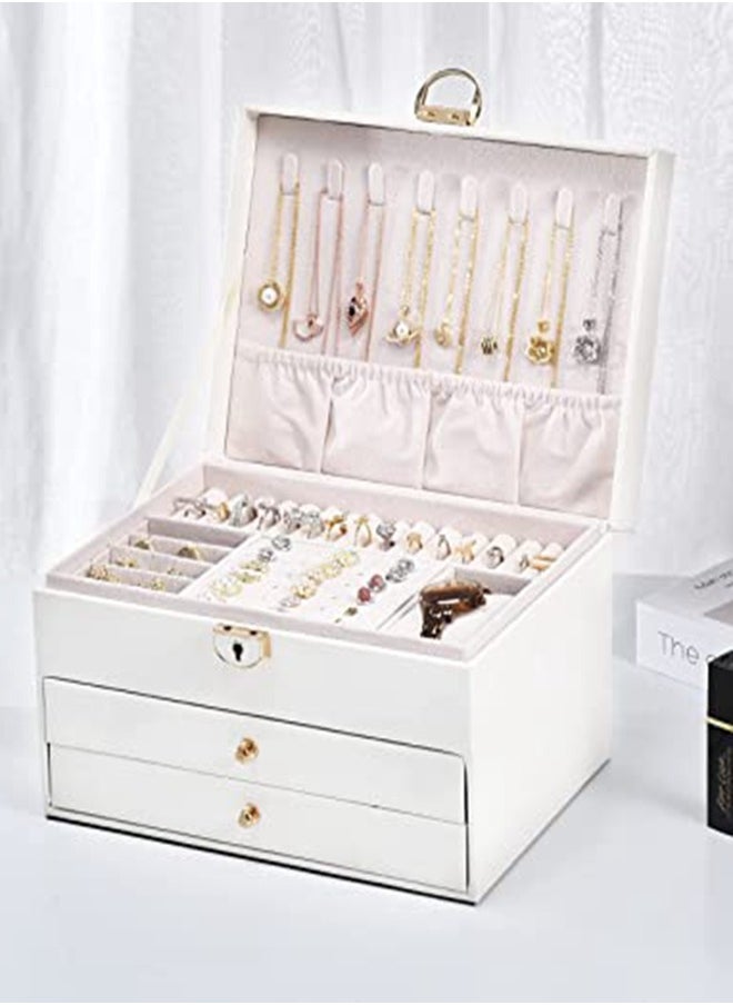 URbazaar Jewelry Box for Women Girl Wife Large PU Leather Jewelry Organizer Storage Case with Three Layers Display for Earrings Bracelets Rings Watches (White)  - Image 3