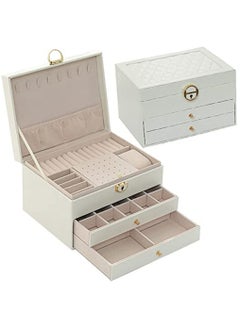 URbazaar Jewelry Box for Women Girl Wife Large PU Leather Jewelry Organizer Storage Case with Three Layers Display for Earrings Bracelets Rings Watches (White)  - Image 2