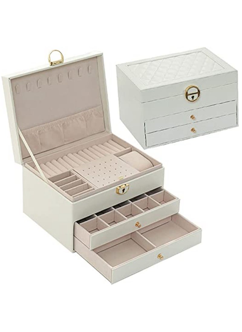 URbazaar Jewelry Box for Women Girl Wife Large PU Leather Jewelry Organizer Storage Case with Three Layers Display for Earrings Bracelets Rings Watches (White)  - Image 2