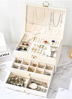 URbazaar Jewelry Box for Women Girl Wife Large PU Leather Jewelry Organizer Storage Case with Three Layers Display for Earrings Bracelets Rings Watches (White)  - Image 1