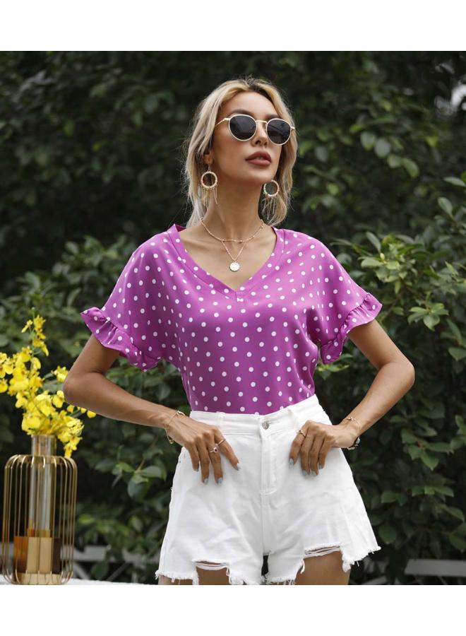 Europe And The United States Women's Summer Wave Dot V Collar Short Sleeve T-shirt Jacket