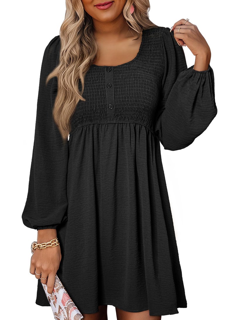 Dokotoo Womens Dresses 2026 Spring Long Sleeve Crewneck Buttoned Empire Waist Casual Smocked A-Line Flowy Mini Black Dress Wedding Guest Dress Dress Large - Image 1