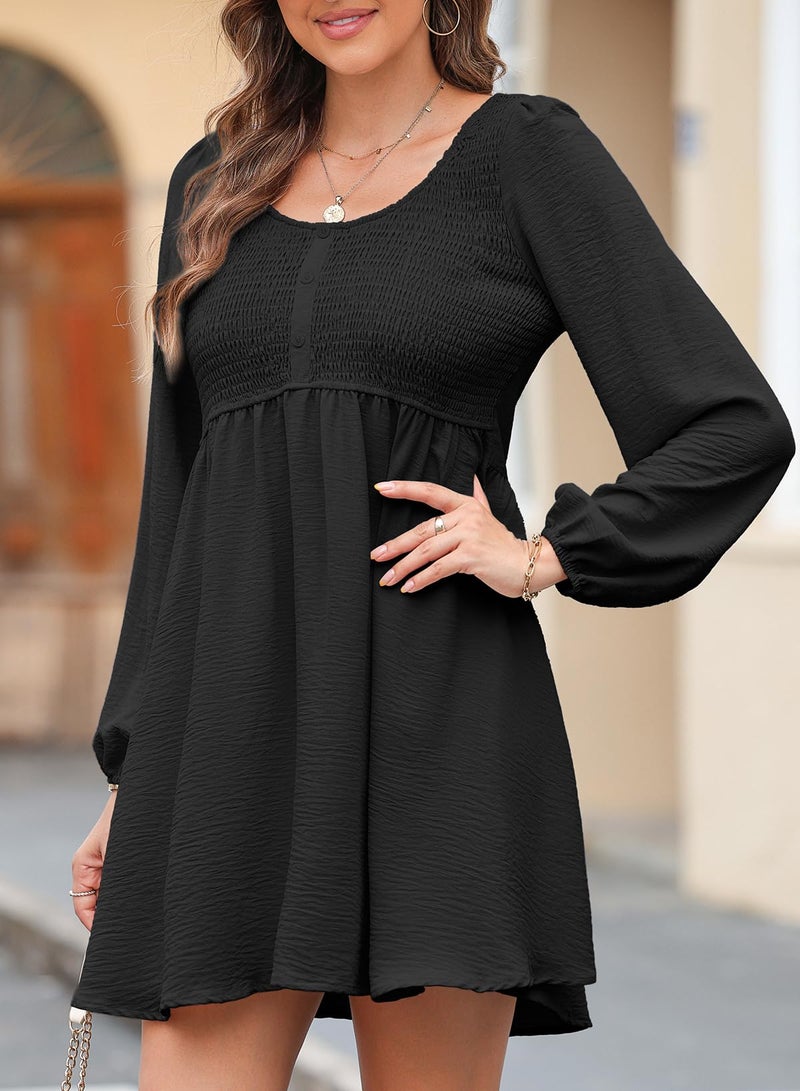 Dokotoo Womens Dresses 2026 Spring Long Sleeve Crewneck Buttoned Empire Waist Casual Smocked A-Line Flowy Mini Black Dress Wedding Guest Dress Dress Large - Image 4