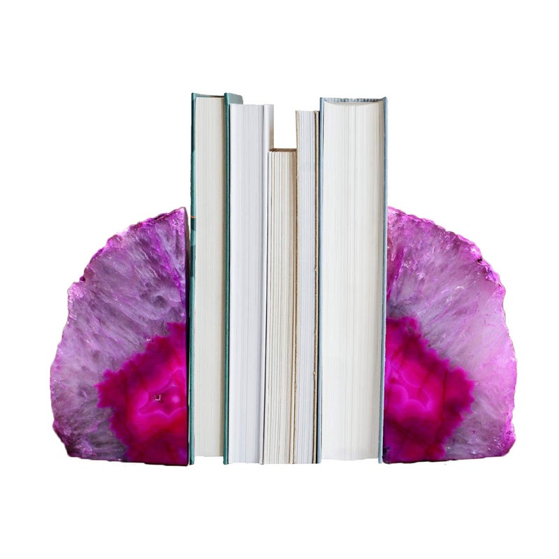 AMOYSTONE Pink Agate Bookends 1 Pair 4-6 Lbs with Rubber Bumpers for Heavy Books Home Office Shelves - Image 4
