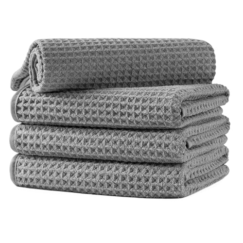 Microfiber Waffle Hand Towels, 4 Pieces, Soft, Absorbent, Fast Drying, Lint Free 430 GSM (Gray) - Image 1