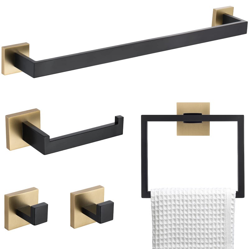 TNOMS 5 Pieces Bathroom Hardware Accessories Set Black and Gold Towel Bar SetWall Mounted Stainless Steel236 Inch