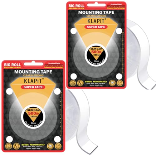 KLAPiT Super Tape Double Sided Heavy Duty Mounting with Enhanced Nanotechnology Holds up to 500lbs for Home, Office, Kitchen, Bathroom for Walls, Wood, Metal, Glass, Ceramic [65.6 Feet] (2 pc Pack) - Image 1