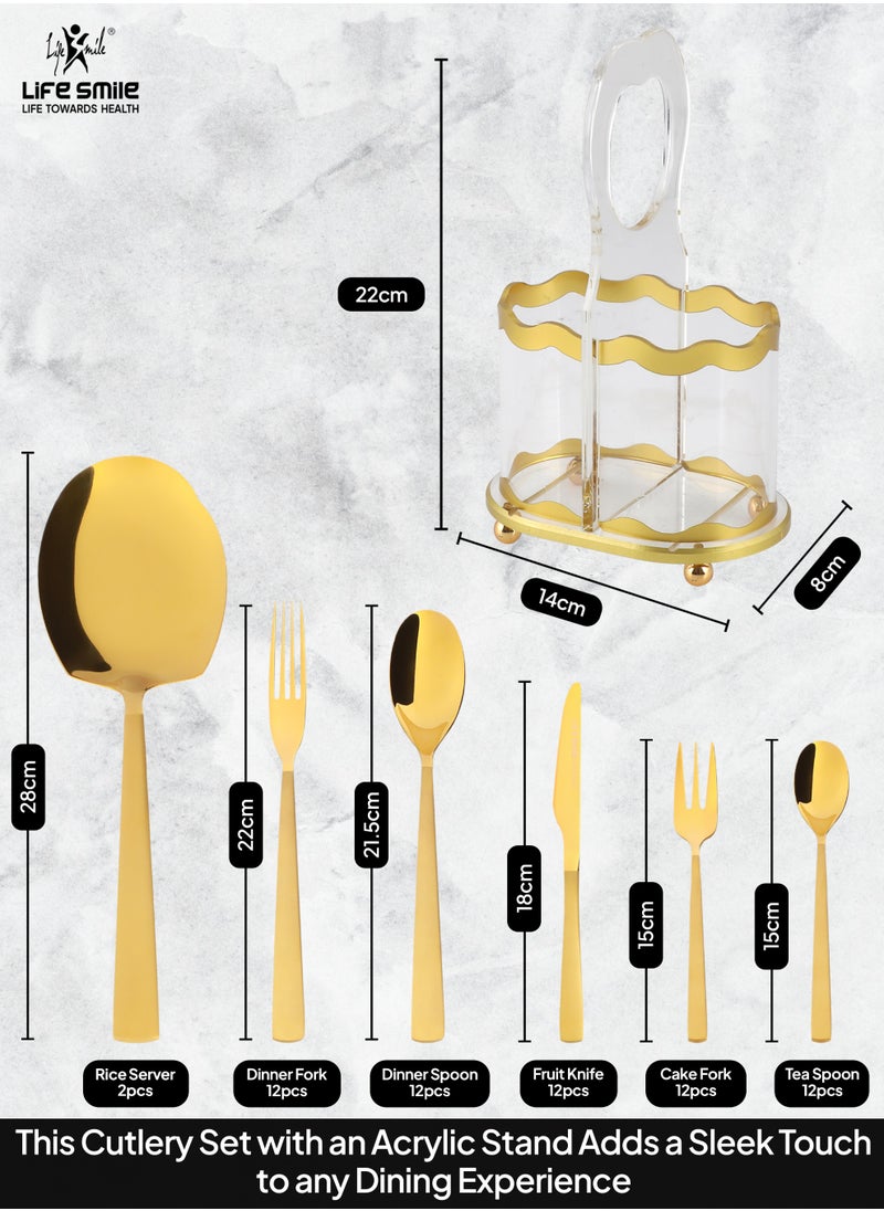 Life Smile LIFE SMILE 63-Piece Premium Cutlery Set, 18/10 Pure Stainless Steel Flatware Set with Stand, High Qulaity Rust Proof & Fade Proof Dinnerware Set (Shine Gold)  - Image 2