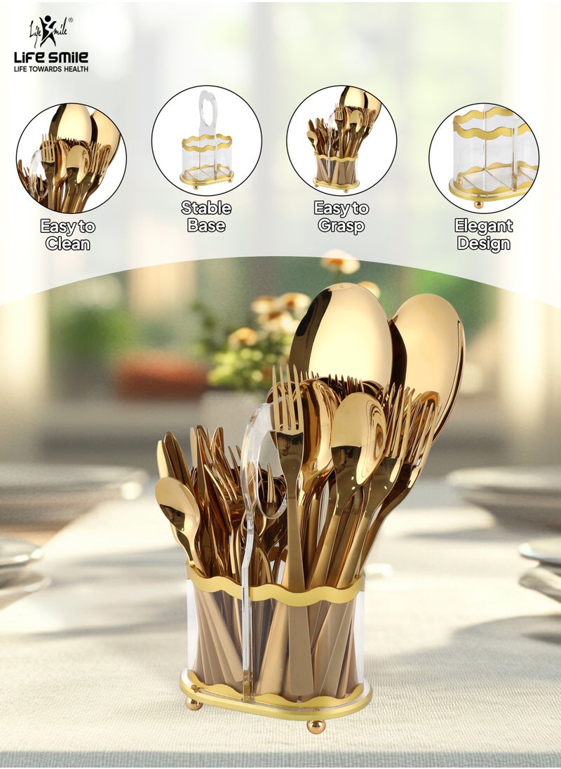 Life Smile LIFE SMILE 63-Piece Premium Cutlery Set, 18/10 Pure Stainless Steel Flatware Set with Stand, High Qulaity Rust Proof & Fade Proof Dinnerware Set (Shine Gold)  - Image 1