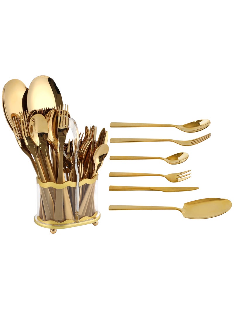 LIFE SMILE 63-Piece Premium Cutlery Set, 18/10 Pure Stainless Steel Flatware Set with Stand, High Qulaity Rust Proof & Fade Proof Dinnerware Set (Shine Gold) - Image 1