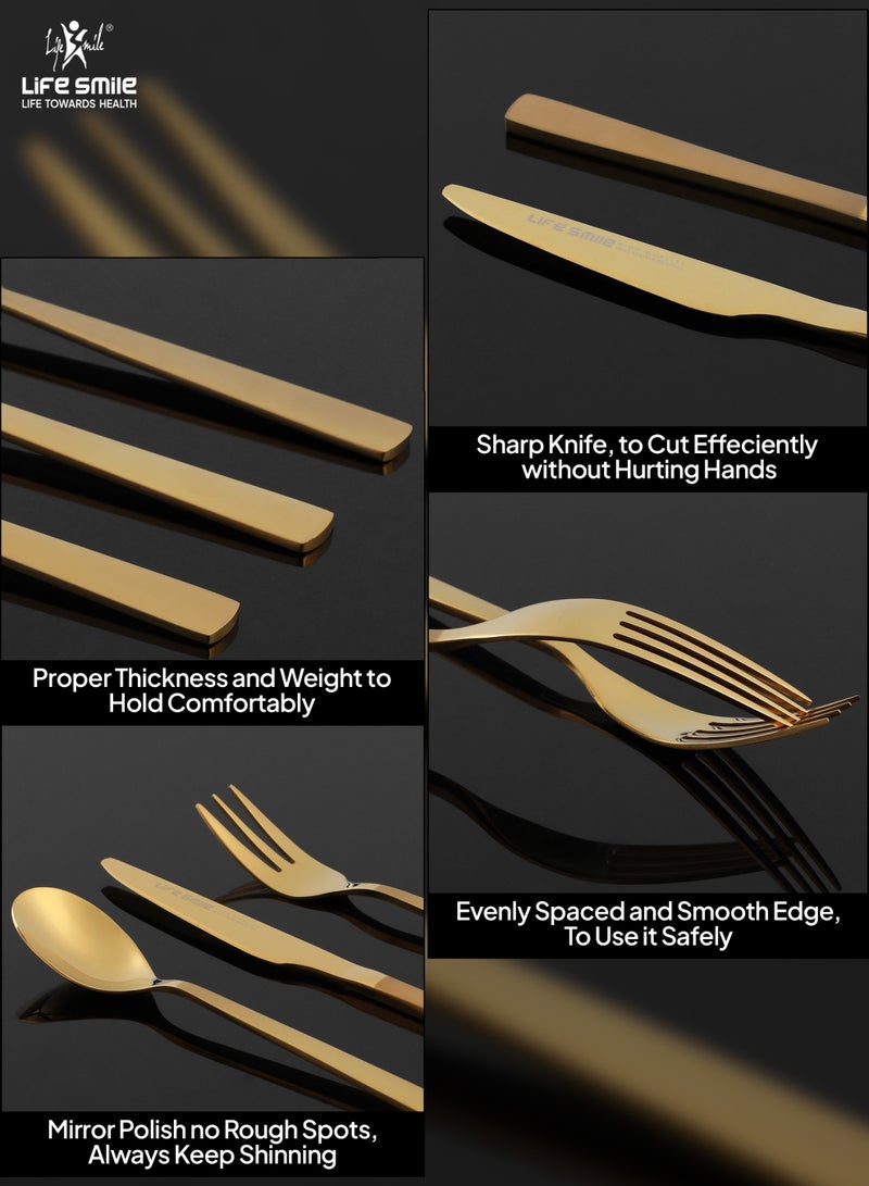 LIFE SMILE 63-Piece Premium Cutlery Set, 18/10 Pure Stainless Steel Flatware Set with Stand, High Qulaity Rust Proof & Fade Proof Dinnerware Set (Shine Gold) - Image 4