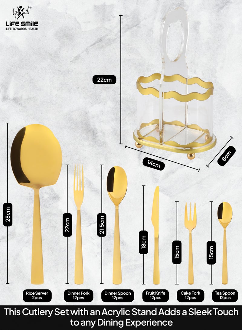 LIFE SMILE 63-Piece Premium Cutlery Set, 18/10 Pure Stainless Steel Flatware Set with Stand, High Qulaity Rust Proof & Fade Proof Dinnerware Set (Shine Gold) - Image 3