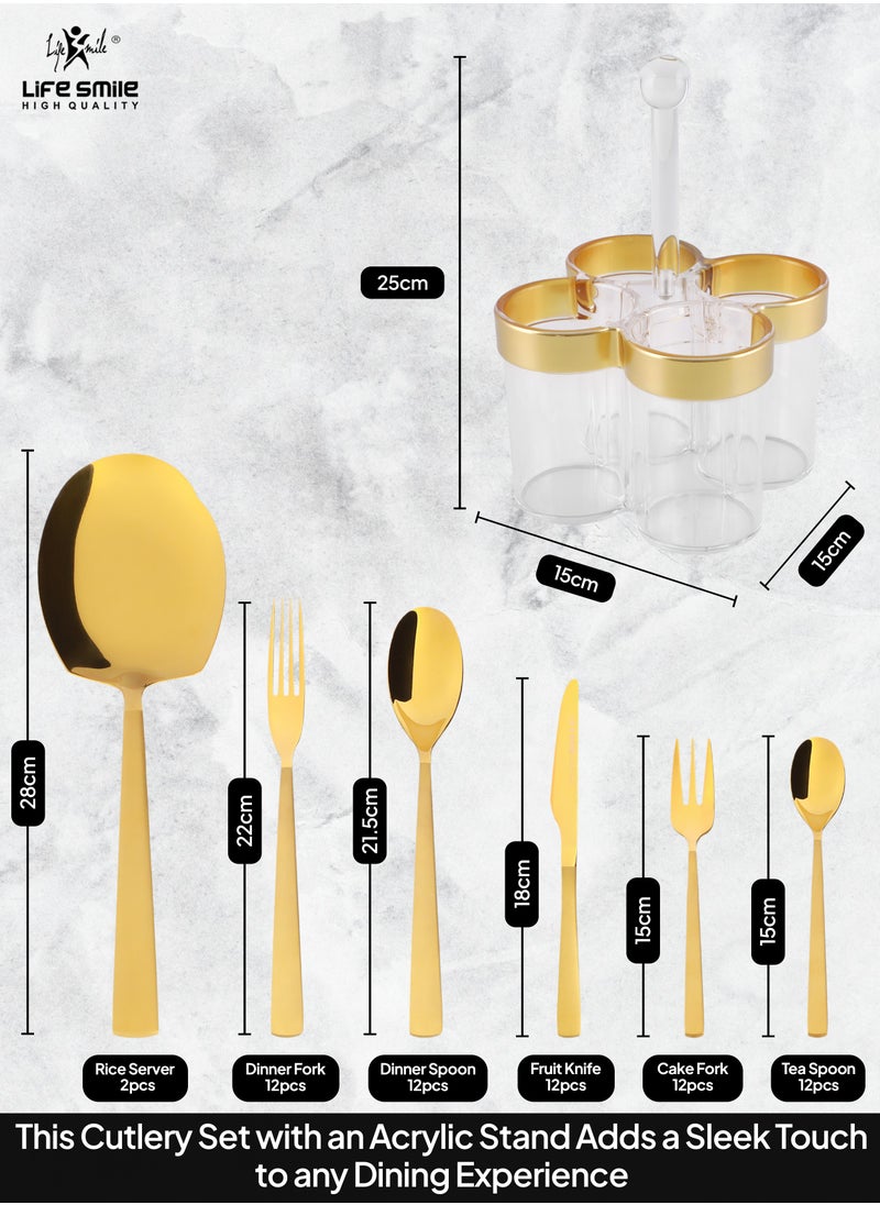 LIFE SMILE 63-Piece Premium Cutlery Set, 18/10 Pure Stainless Steel Flatware Set with Stand, High Qulaity Rust Proof & Fade Proof Dinnerware Set (Shine Gold) - pzsku/Z54038F824E57878FEBE8Z/45/_/1730556322/e41aec25-951f-4510-b111-4e0068c0df58