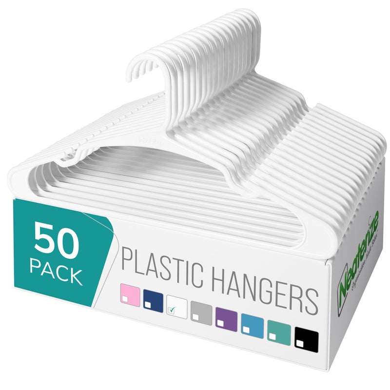 NEATERIZE Clothes Hangers Plastic 50 Pack for Adults - Plastic Hangers, The Perfect Coat Hanger and Space Saving Clothes Hangers for Closet, Percheros Ganchos para Colgar Ropa Hangars - White Hangers - Image 1