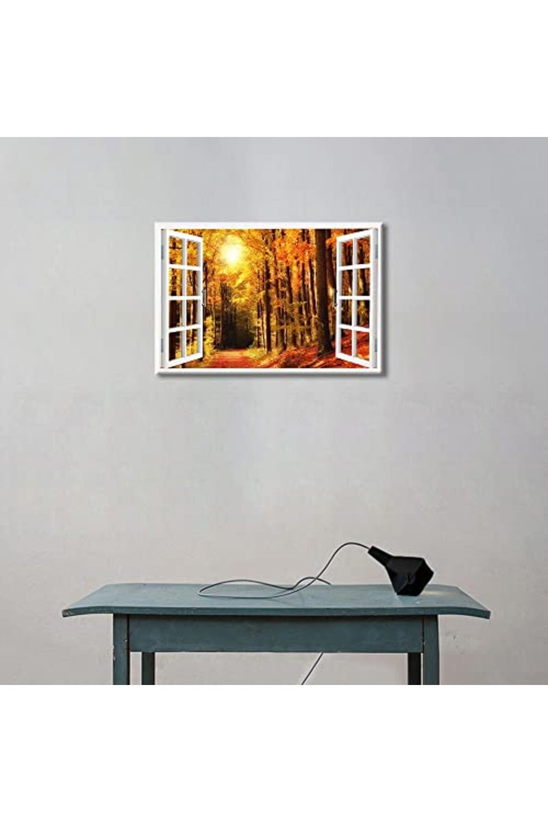 TISHIRON 3D Window View Forest Landscape Canvas Art Wall Decor Autumn Natural Scenery Modern Home Decor Canvas Wall Decor for Living Room Bedroom Office Posters Prints Framed Ready to Hang - 36"W x 24"H - Image 3