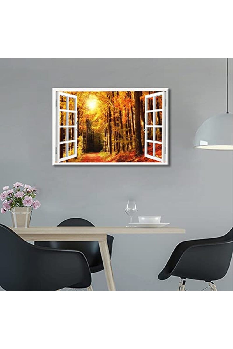 TISHIRON 3D Window View Forest Landscape Canvas Art Wall Decor Autumn Natural Scenery Modern Home Decor Canvas Wall Decor for Living Room Bedroom Office Posters Prints Framed Ready to Hang - 36"W x 24"H - Image 4