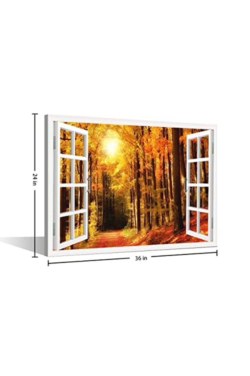 TISHIRON 3D Window View Forest Landscape Canvas Art Wall Decor Autumn Natural Scenery Modern Home Decor Canvas Wall Decor for Living Room Bedroom Office Posters Prints Framed Ready to Hang - 36"W x 24"H - Image 5