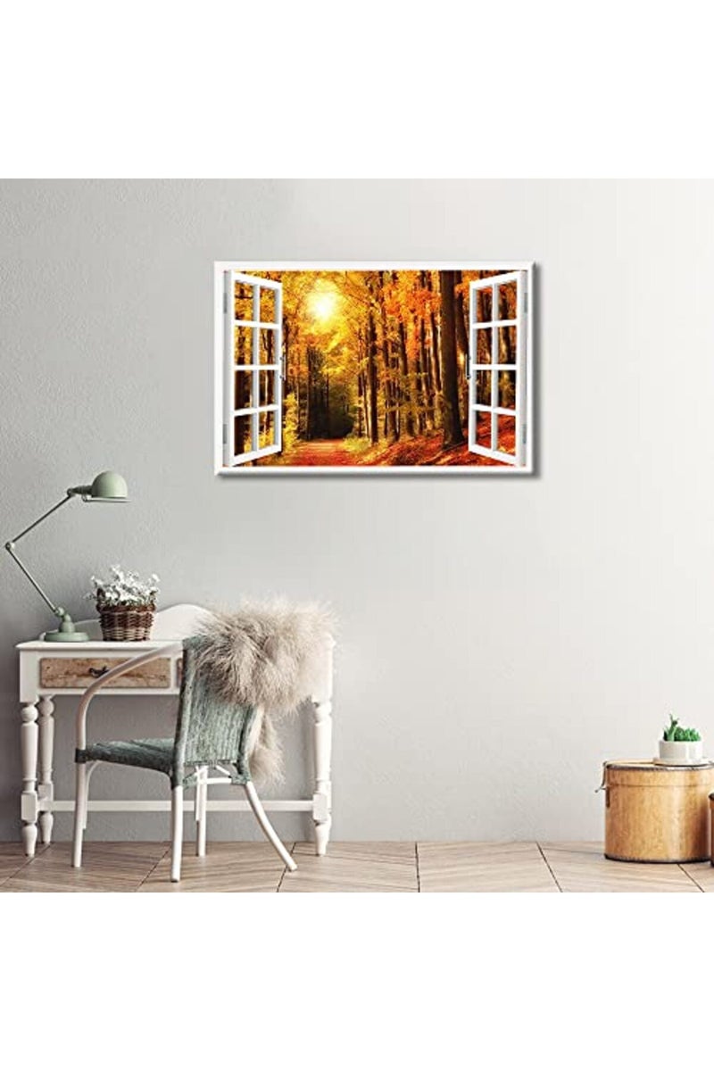 TISHIRON 3D Window View Forest Landscape Canvas Art Wall Decor Autumn Natural Scenery Modern Home Decor Canvas Wall Decor for Living Room Bedroom Office Posters Prints Framed Ready to Hang - 36"W x 24"H - Image 2