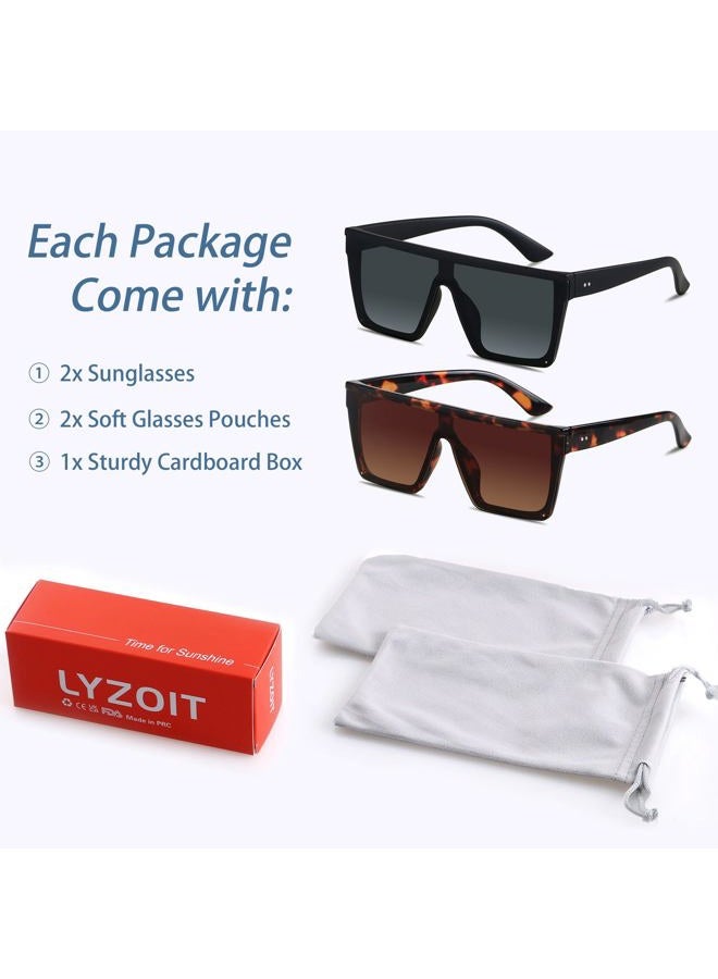 LYZOIT Square Oversized Sunglasses for Women Men Big Flat Top Fashion Shield Large UV Protection Rimless Shades, (2pack) Matte Black + Tortoise, Large - Image 5