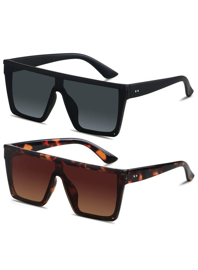 LYZOIT Square Oversized Sunglasses for Women Men Big Flat Top Fashion Shield Large UV Protection Rimless Shades, (2pack) Matte Black + Tortoise, Large - Image 1