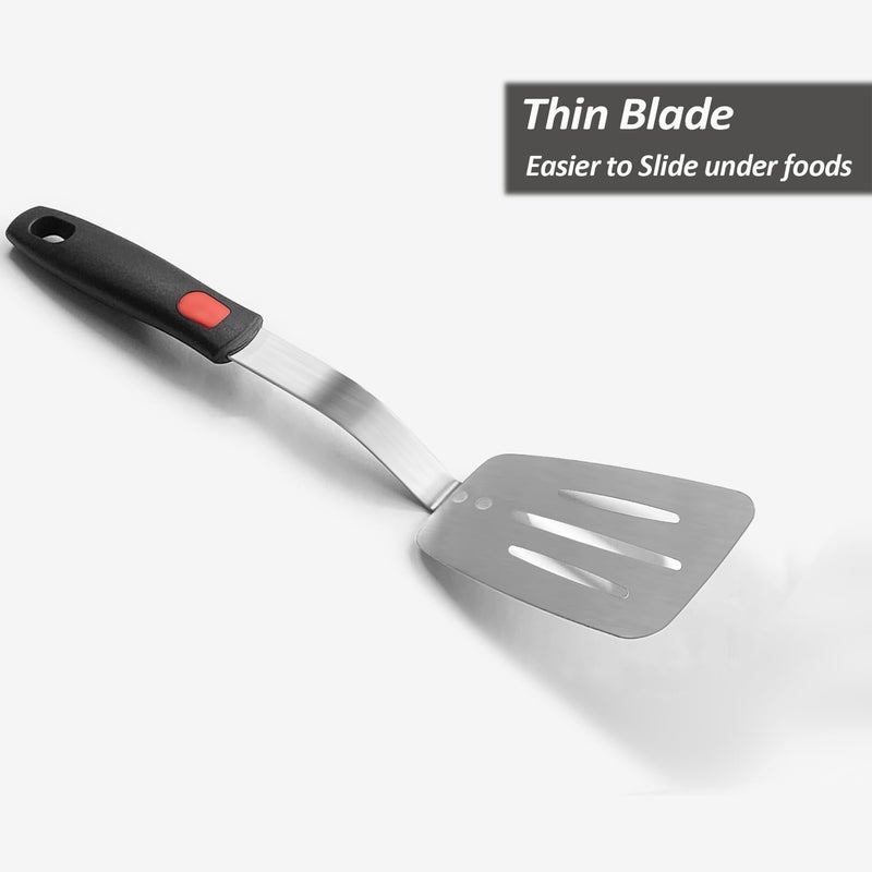 XiaoZu Stainless Steel Spatula, Flexible Metal Slotted Turner for Cast Iron Skillet, Thin Blade and Heat Resistant Silicone Handle, Great for Egg, Cookie, Meat, Crep, Large - Image 2