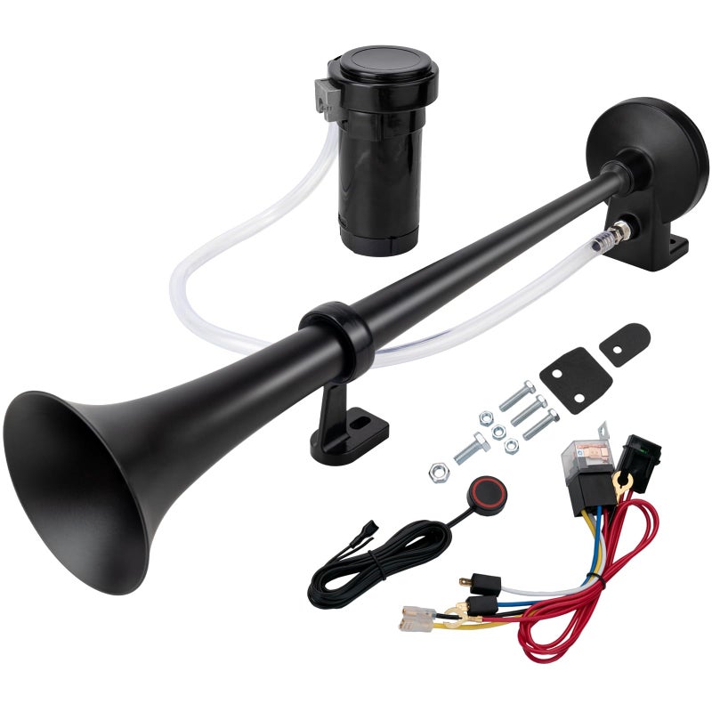 بوق هواء AOLIHAN 150dB للشاحنات بوق قطار عالي الصوت للسيارات مجموعة بوق أحادي مع زر 12V أسود مع ضاغط