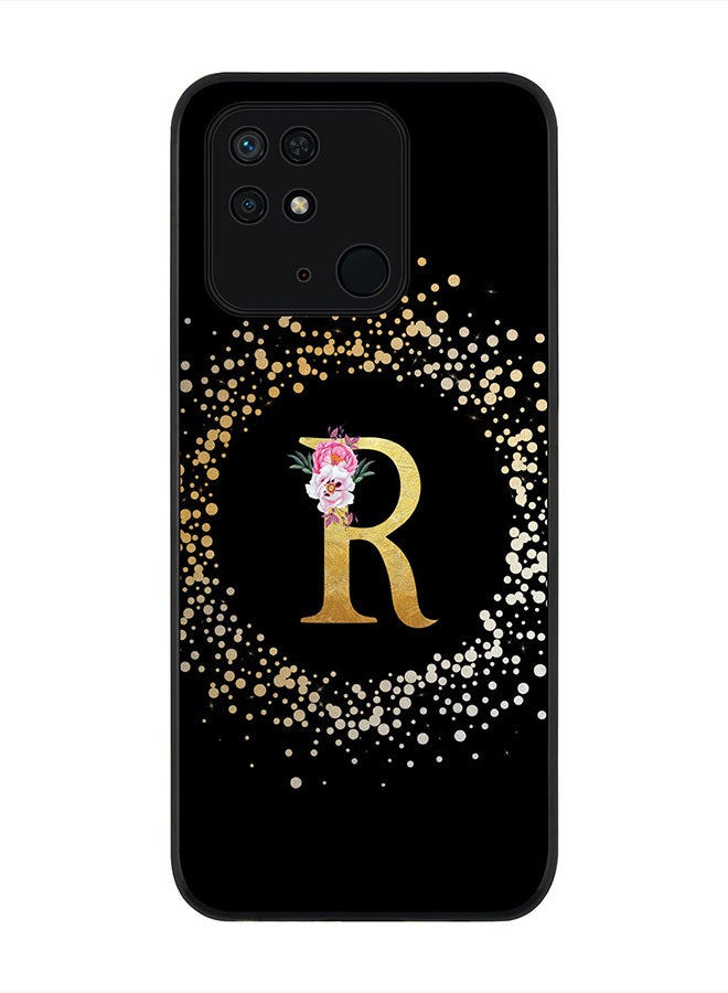 Stylizedd Rugged Black Edge Case for Redmi 10C 4G , Slim fit Rubber Edges Thin Cover -  Custom Monogram Initial Letter Floral Pattern Alphabet - R (Black) - Image 1